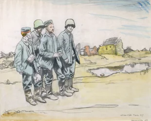 Quatro presos alemães por uma vila francesa, 1917 (carvão e wc no papel)